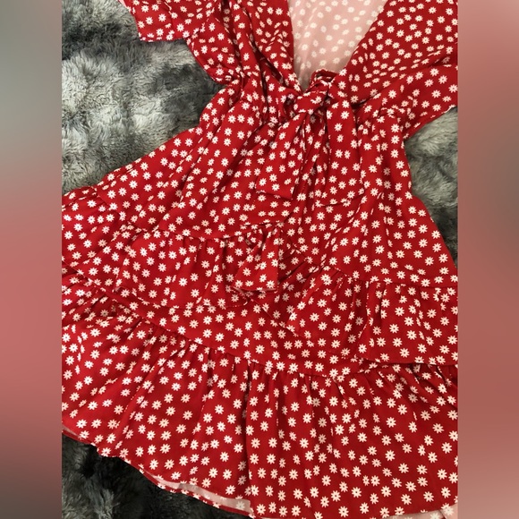 RED WHITE FLORAL FRONT BOW RUFFLES MINI SUMMER SUN DRESS - Picture 5 of 9